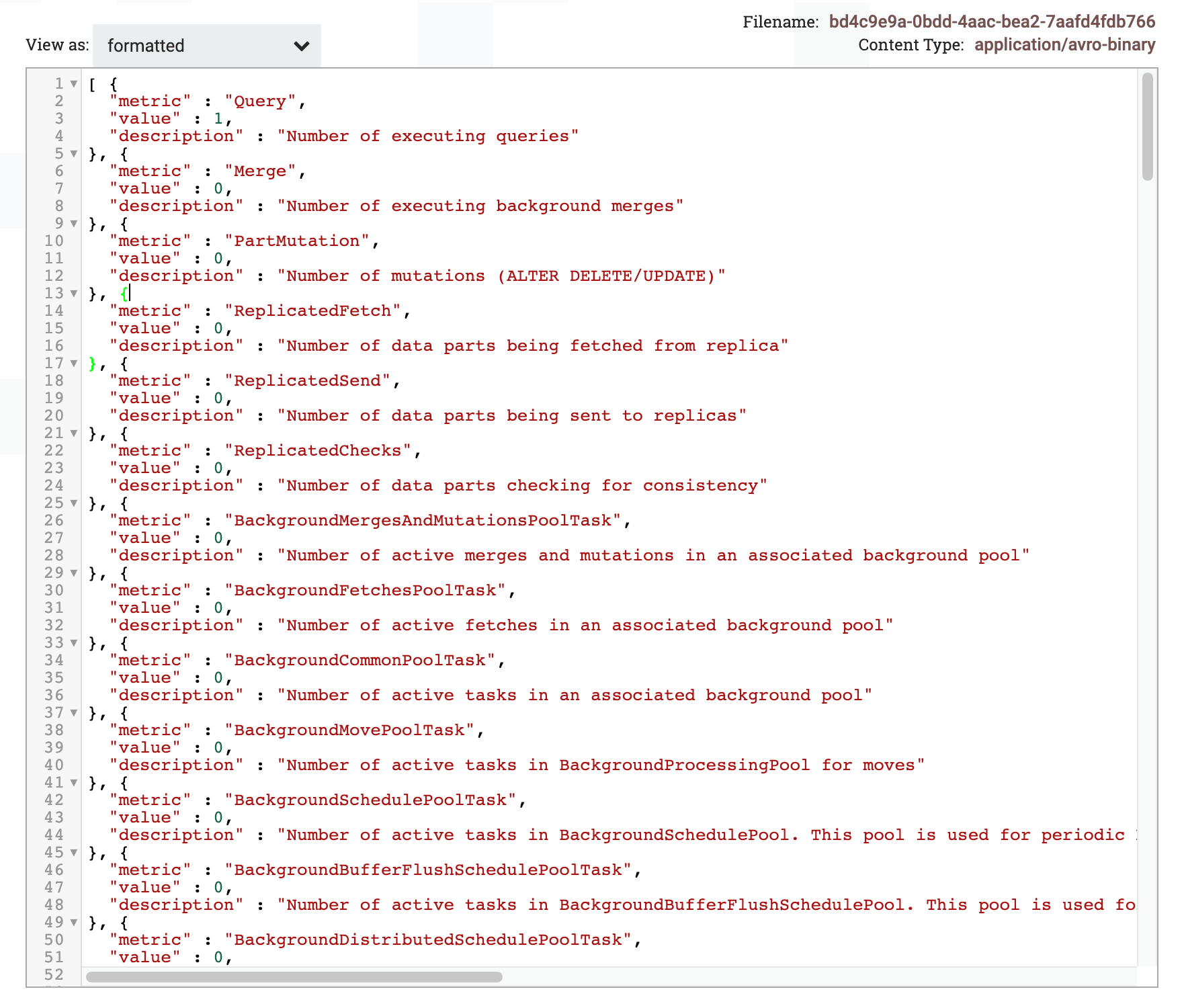 Visionneuse de contenu FlowFile affichant le résultat de la requête dans la vue formatée