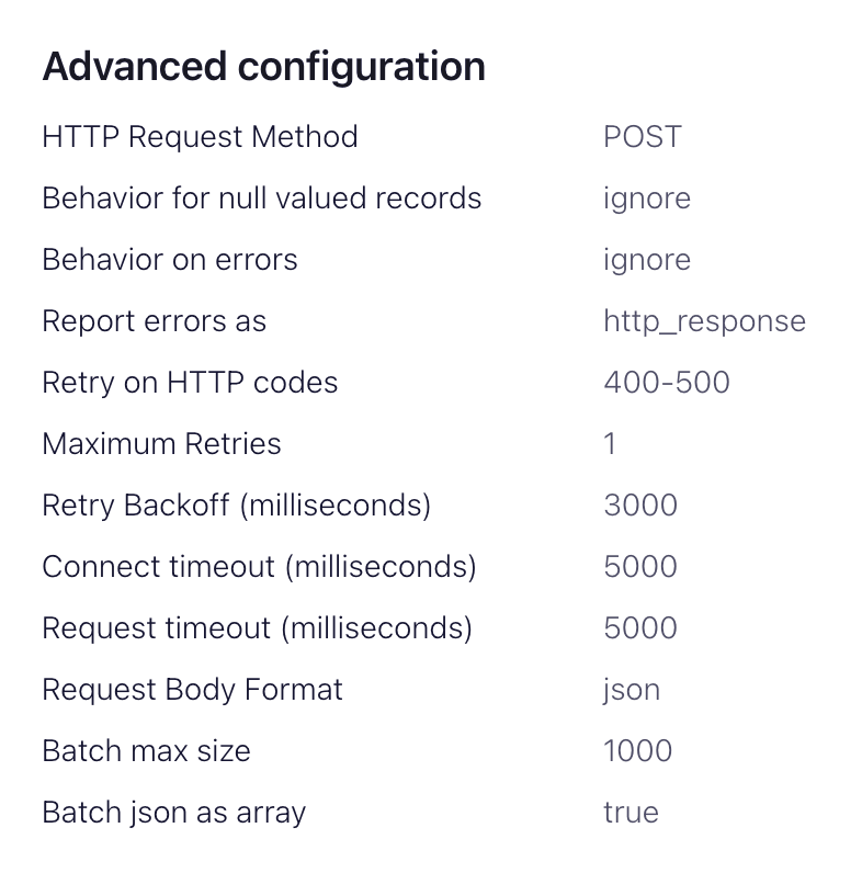 Confluent Cloud interface showing advanced configuration options for the HTTP Sink connector