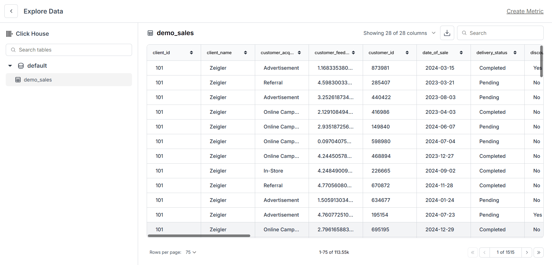ClickHouse のテーブル一覧を表示する Databrain のデータエクスプローラー