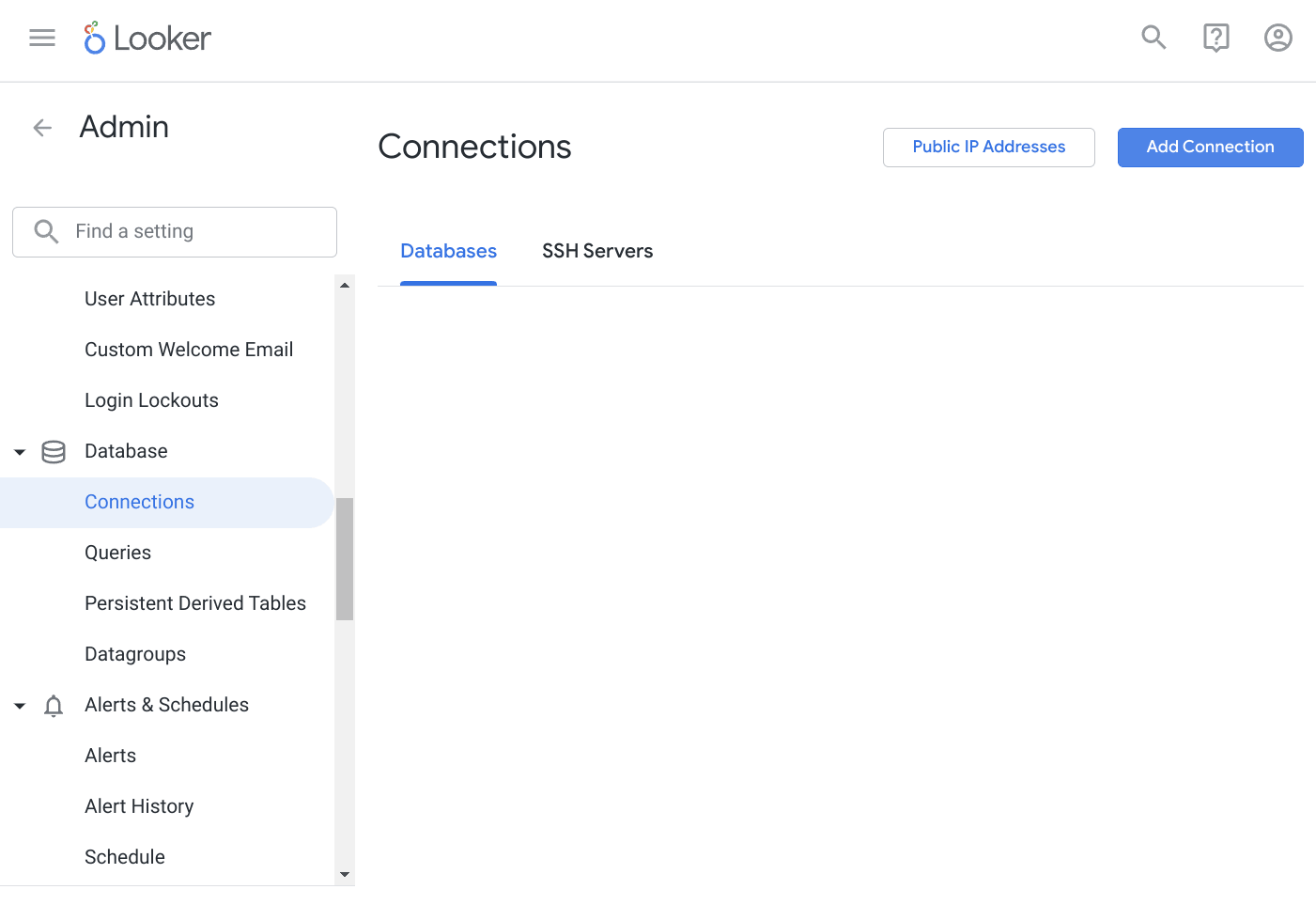Ajout d’une nouvelle connexion dans l’interface de gestion des bases de données de Looker