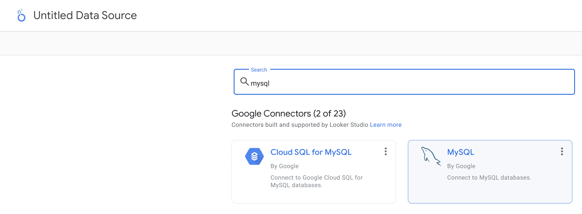 Recherche du connecteur MySQL dans la liste des connecteurs de Looker Studio