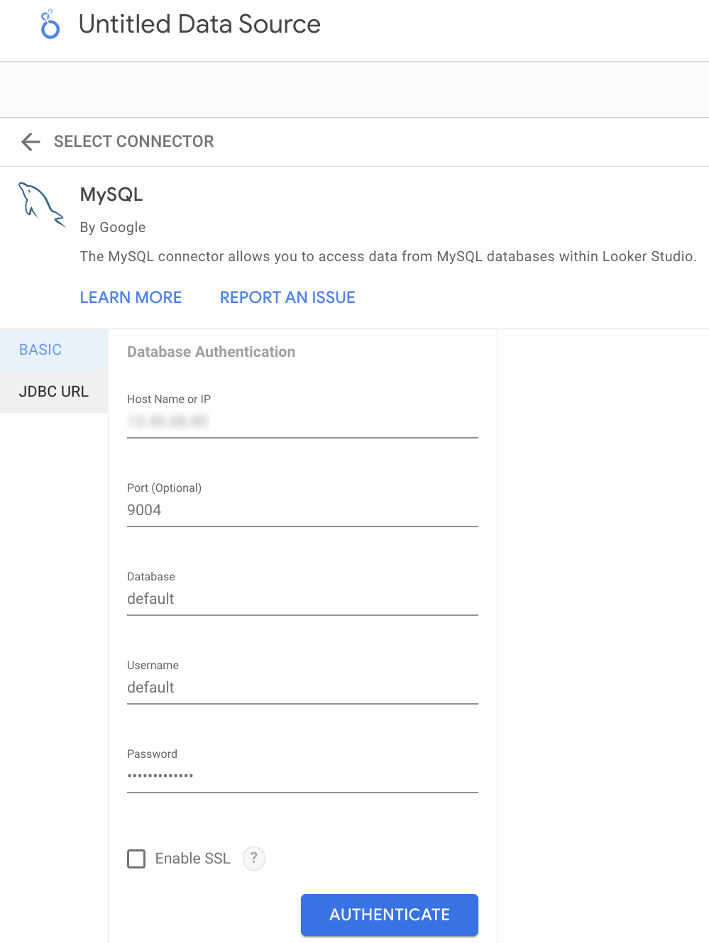 Saisie des informations de connexion MySQL à ClickHouse dans Looker Studio