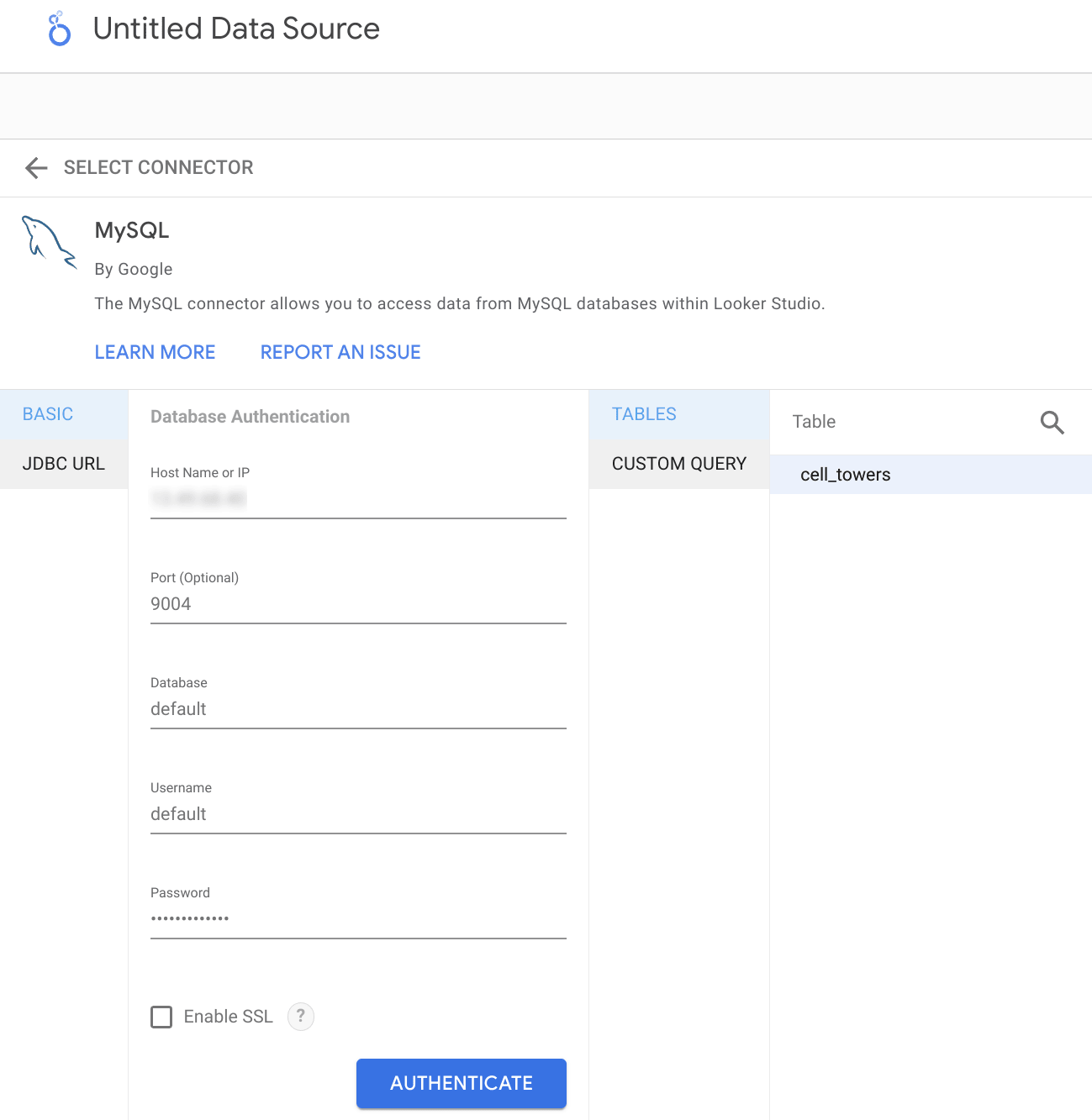 Utilisation du navigateur de tables pour sélectionner des tables ClickHouse dans Looker Studio