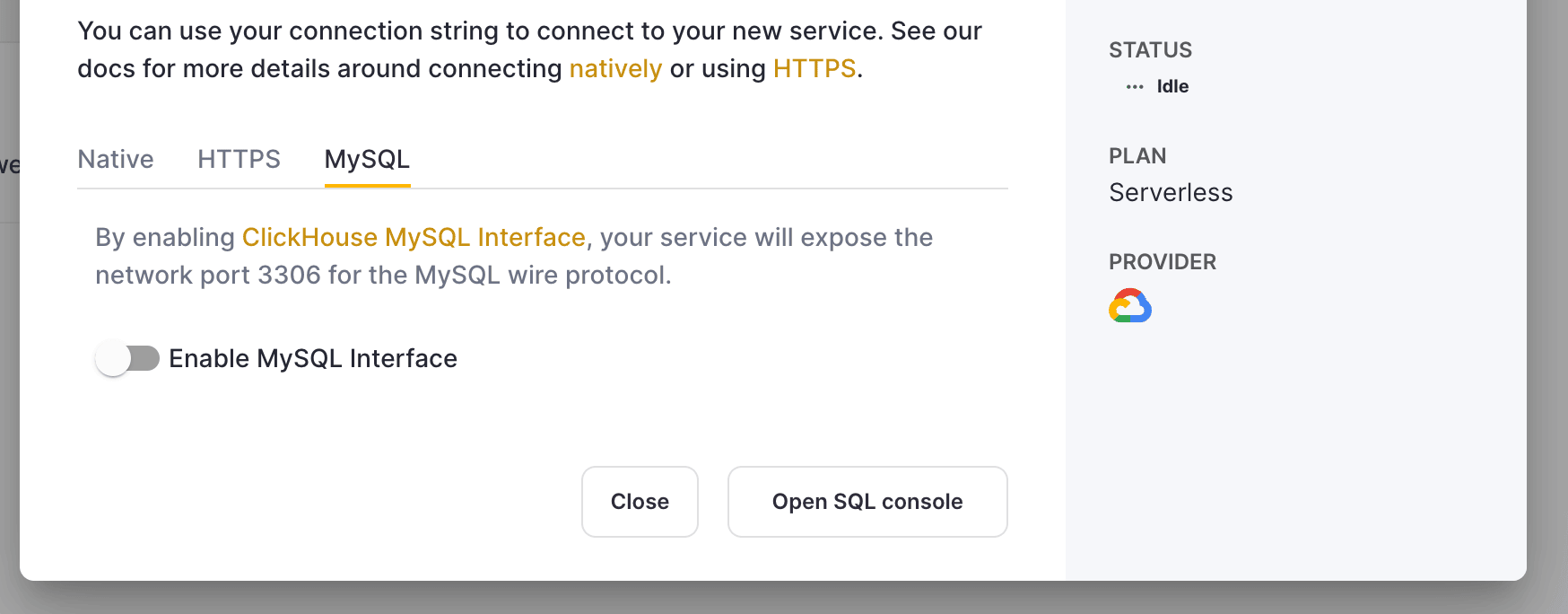 Activation de l’interface MySQL dans les paramètres de ClickHouse Cloud