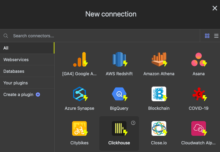 ClickHouse が選択された Create a New Connection ダイアログを表示する Luzmo インターフェイス