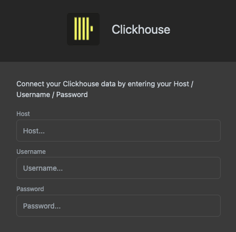 ClickHouse の host、username、password のフィールドが表示された Luzmo の接続設定フォーム