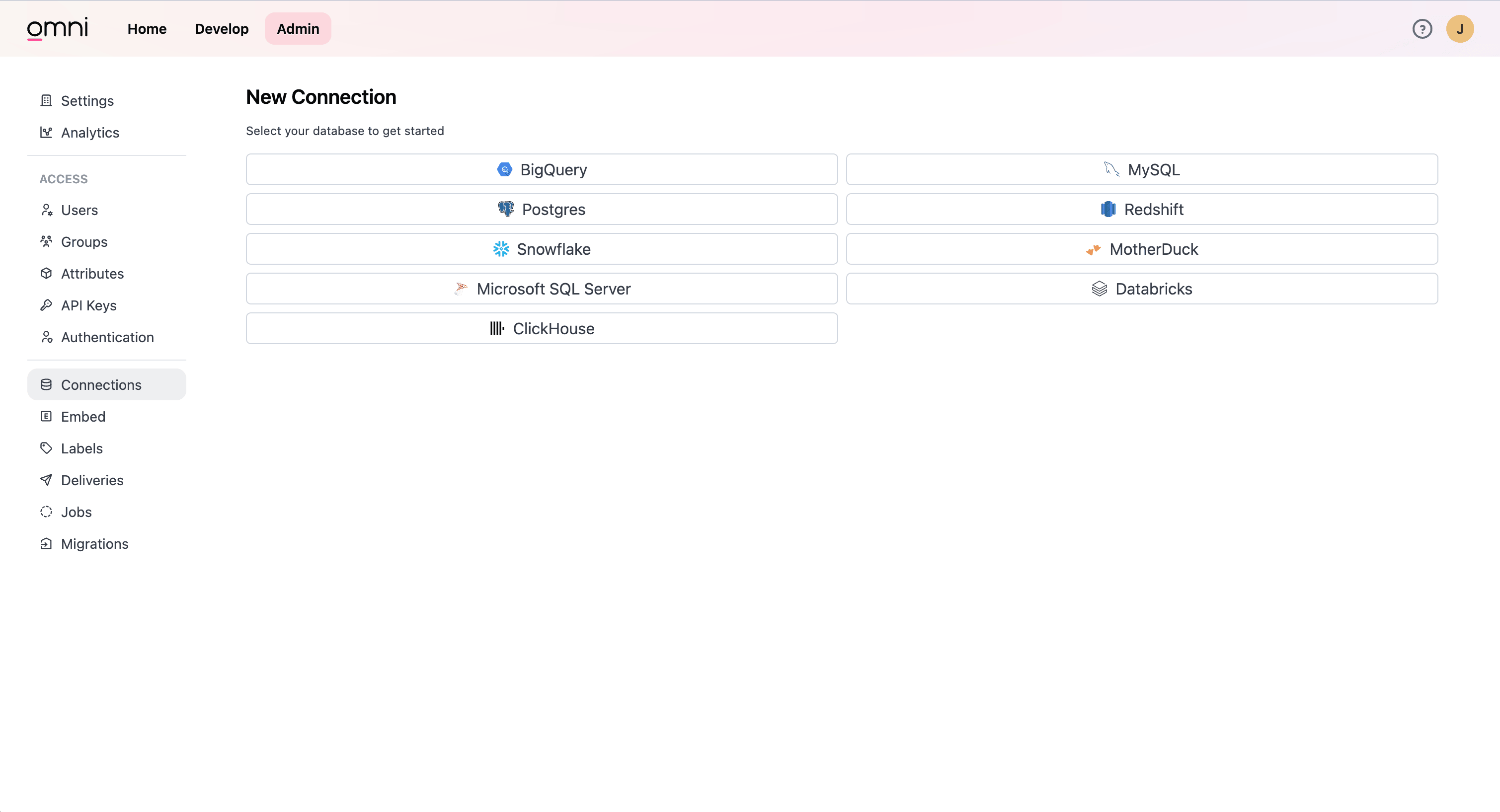 Omni 管理界面，显示 Connections 部分中的 Add Connection 按钮