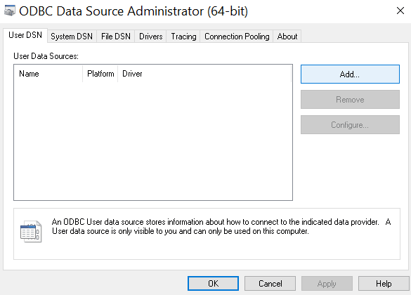 ODBC Data Source Administrator with Add button highlighted for creating new DSN