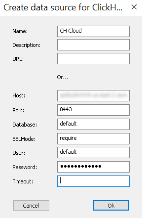 ClickHouse ODBC Driver configuration dialog with connection parameters
