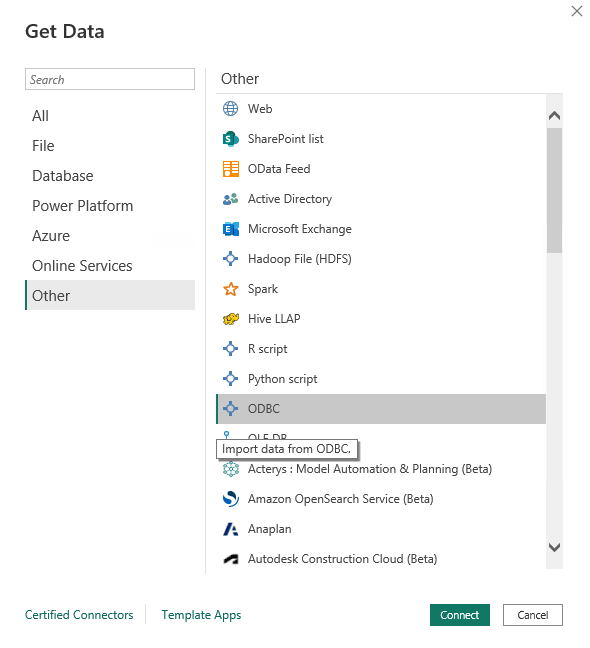 Power BI Get Data dialog with ODBC option selected under the Other category