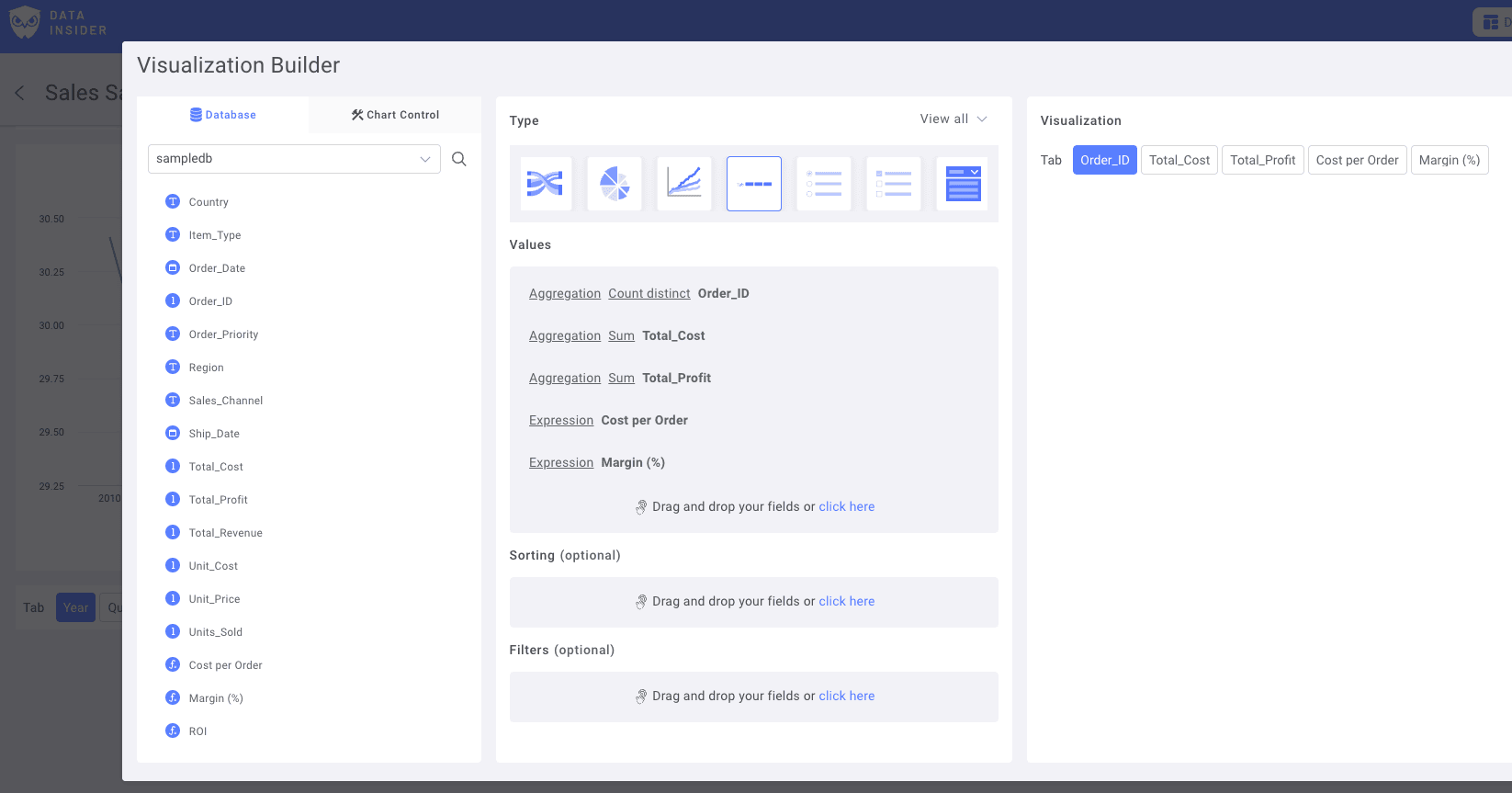 選択したフィールドと集計設定を表示する Rocket BI のメトリクスコントロール設定パネル