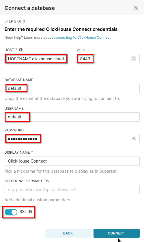 Superset connection configuration form showing ClickHouse connection parameters