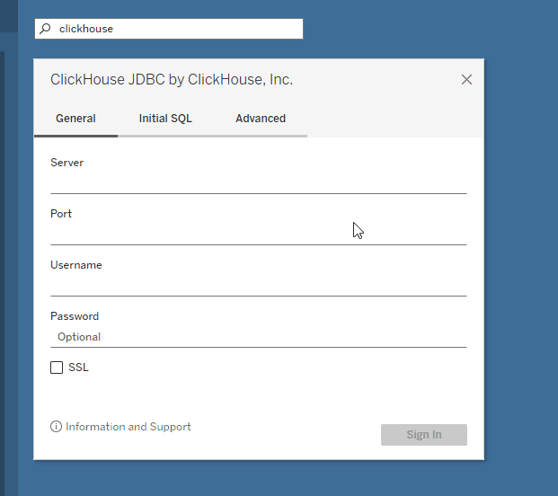 Boîte de dialogue de connexion ClickHouse dans Tableau affichant les champs server, port, database, username et password