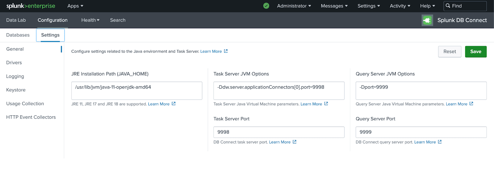 Page des paramètres de Splunk DB Connect affichant la configuration de Java Home