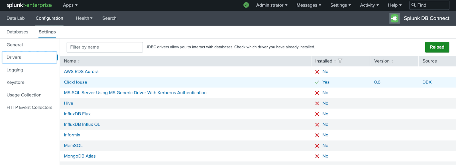 Page des pilotes de Splunk DB Connect montrant le pilote ClickHouse correctement installé