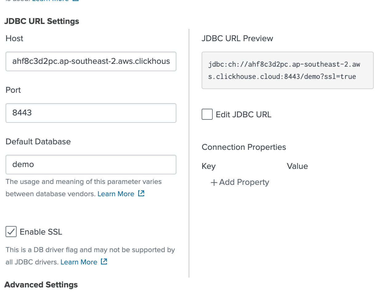 Page de configuration de la connexion Splunk pour ClickHouse
