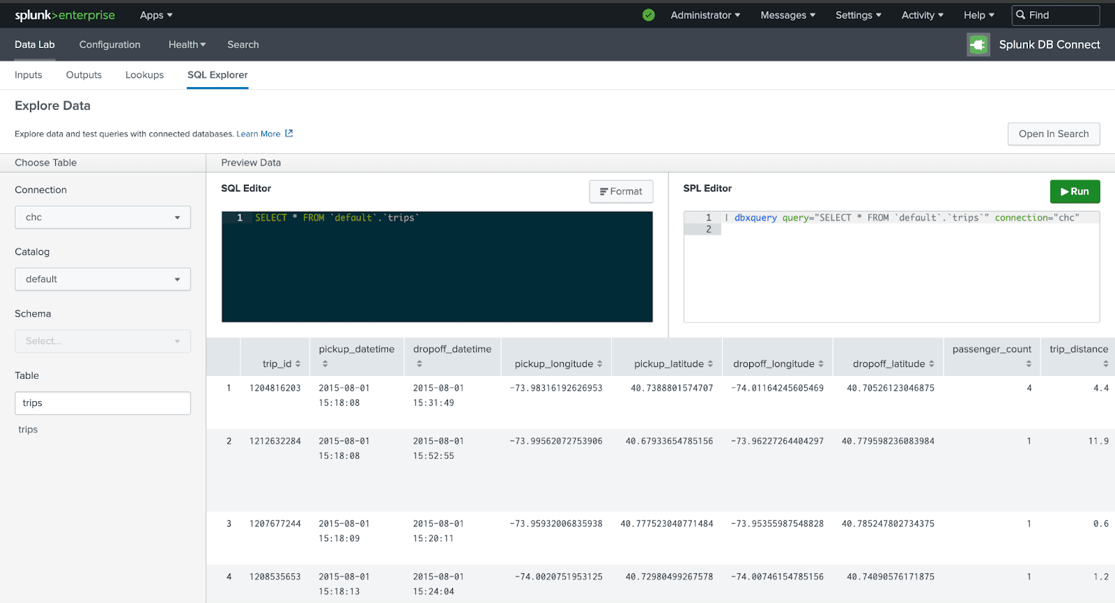 SQL Explorer de Splunk sélectionnant la connexion à ClickHouse
