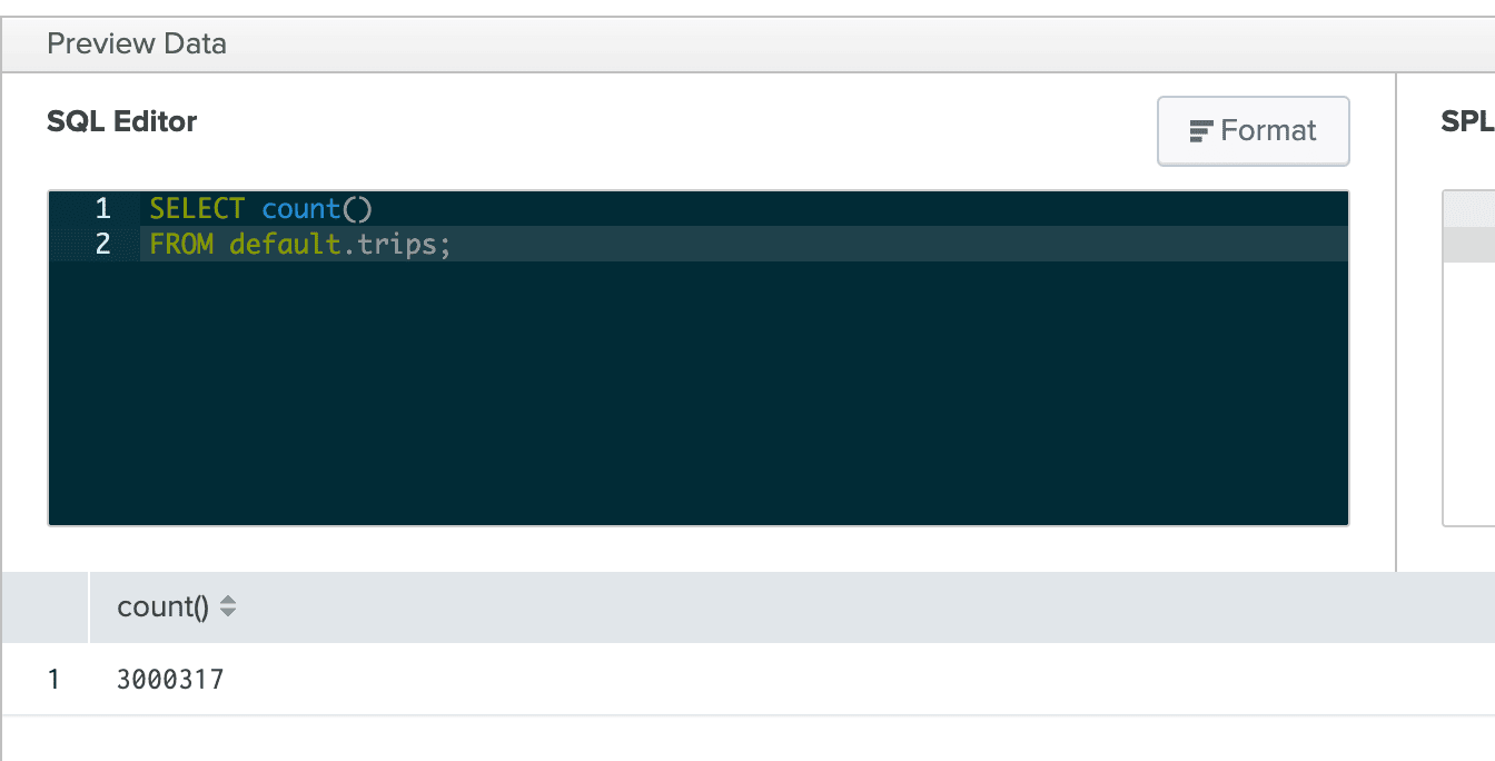 Exécution d’une requête SQL dans Splunk affichant le nombre d’enregistrements dans la table trips