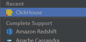 DataGrip sélectionnant ClickHouse dans la liste des sources de données