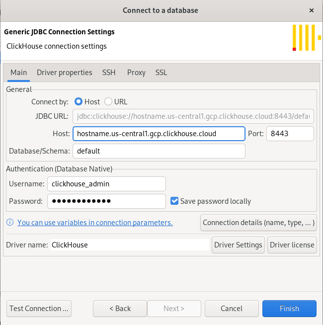 Defina o hostname, a porta, o usuário, a senha e o nome do banco de dados