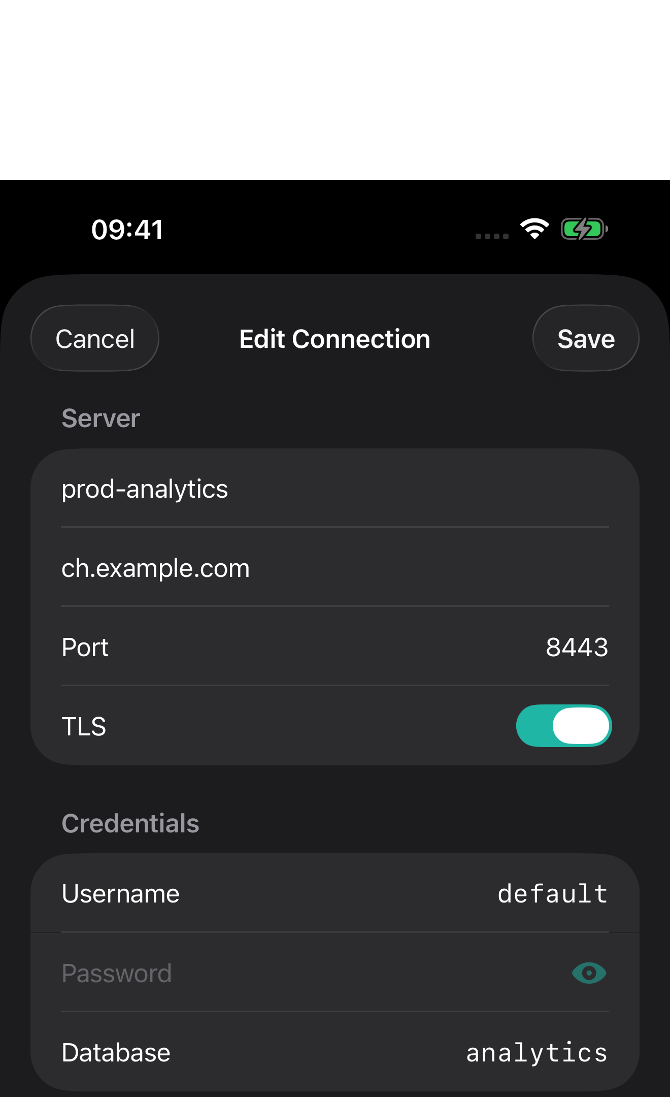 Formulário de conexão do ProbeDeck configurado para HTTPS na porta 8443 com um nome de usuário do ClickHouse