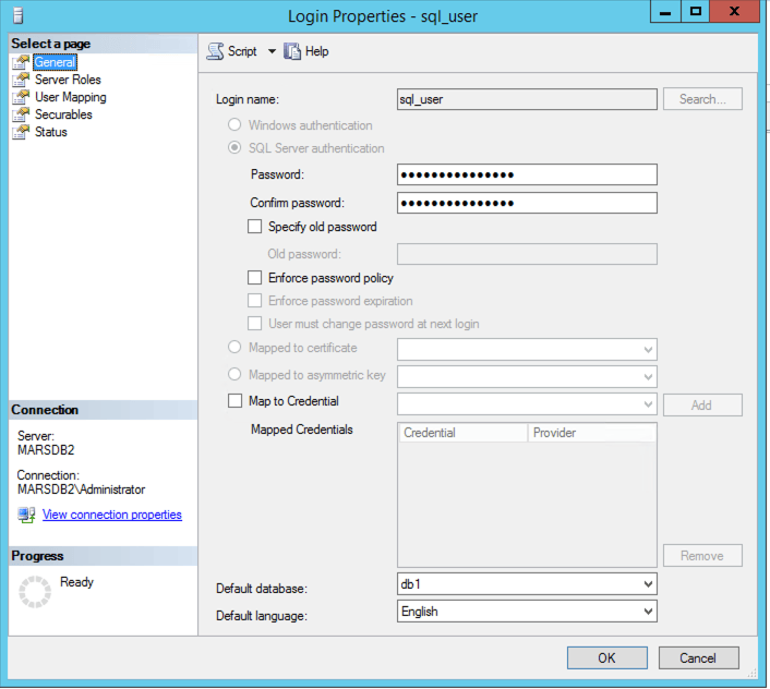 MSSQL login user configuration