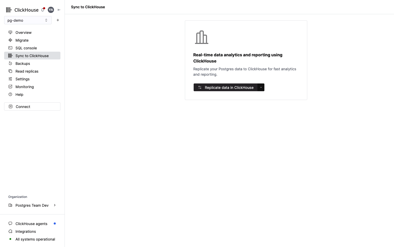サイドバーのインテグレーションオプションを示す ClickHouse 連携のランディングページ