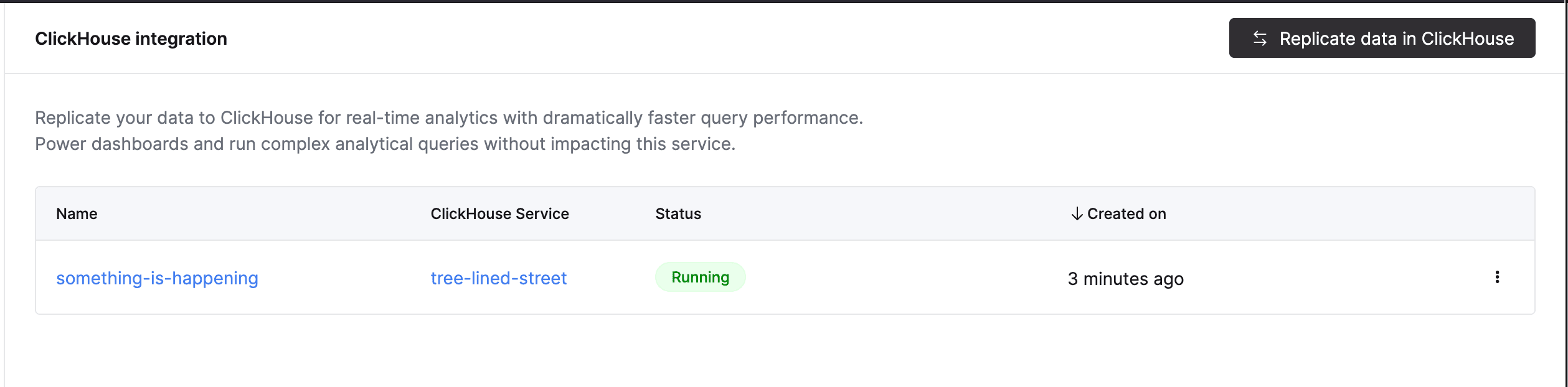 宛先サービスとステータスを含む Running 状態の ClickPipe を示す ClickHouse 連携の一覧