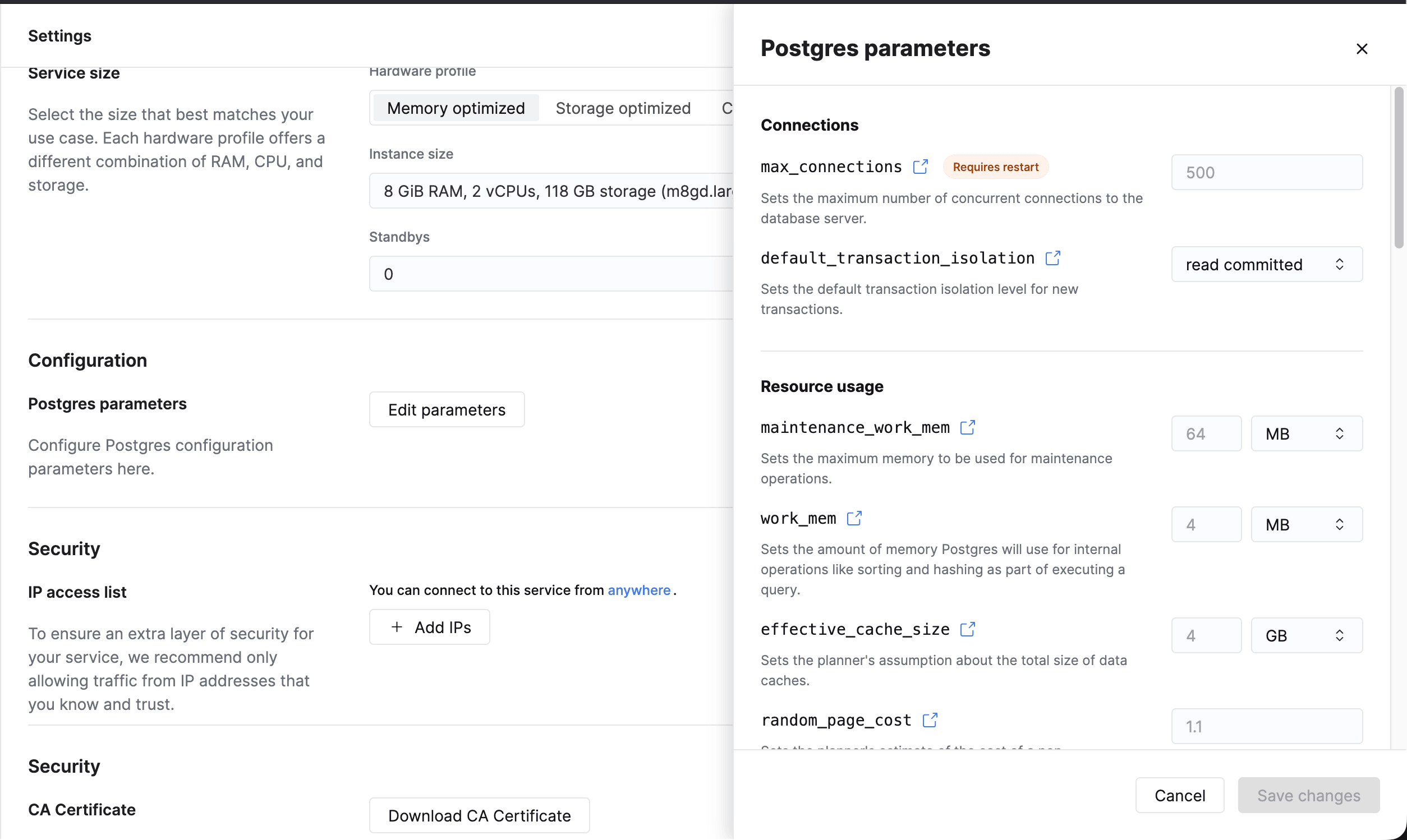 Configuração dos parâmetros do Postgres