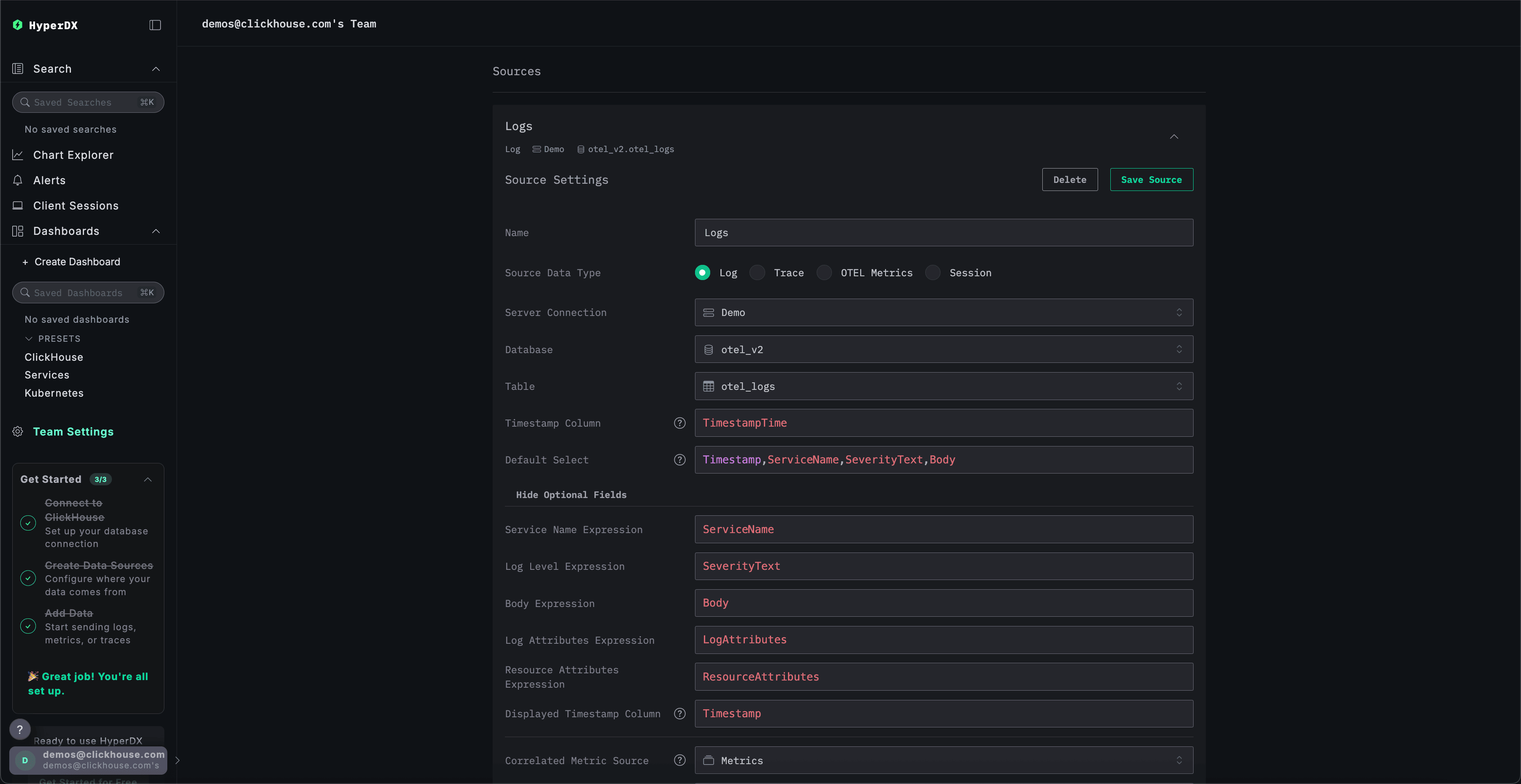 HyperDX Source configuration