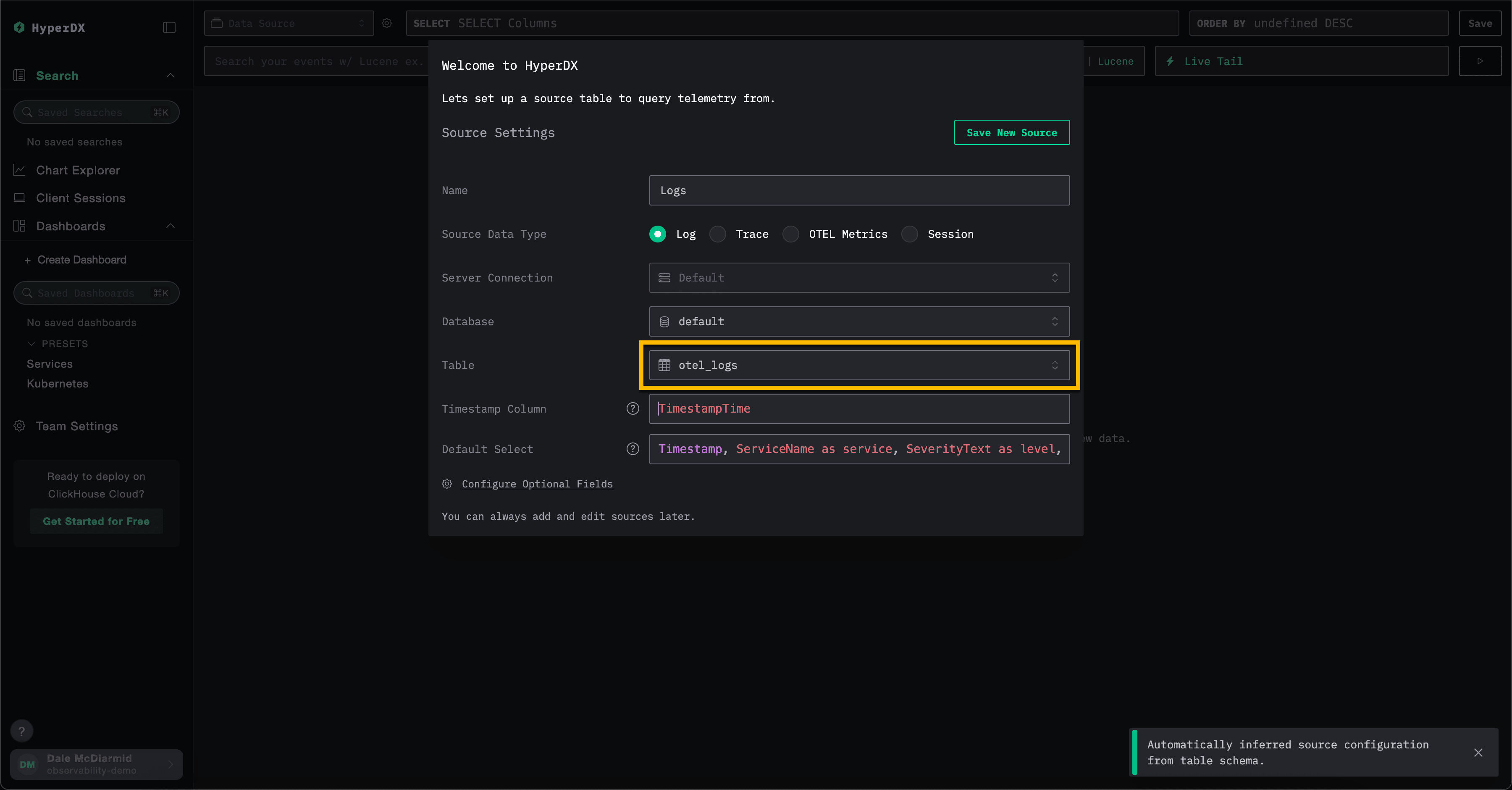 Fonte de dados do HyperDX no ClickHouse Cloud