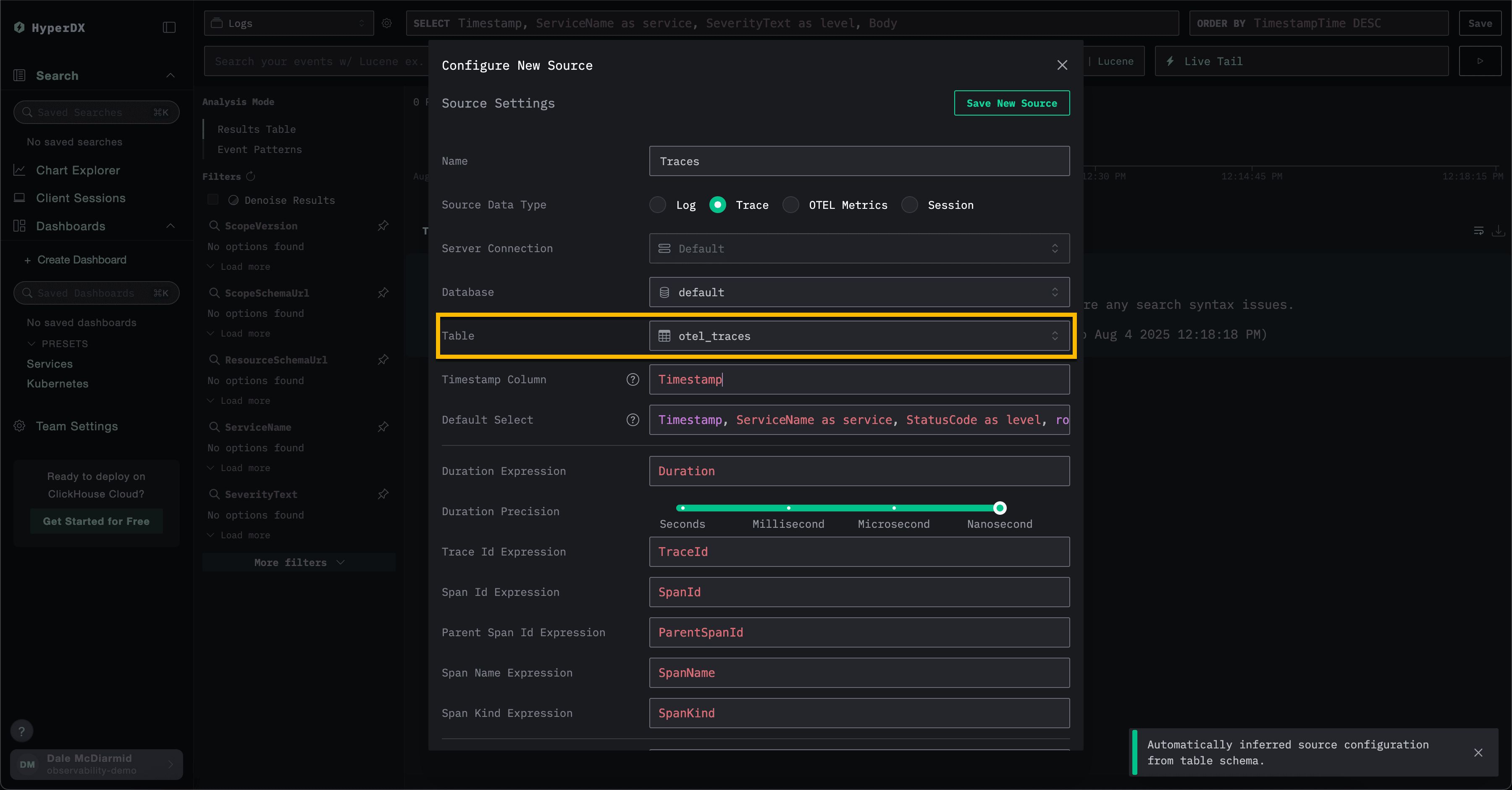 ClickStack criar fonte de traces